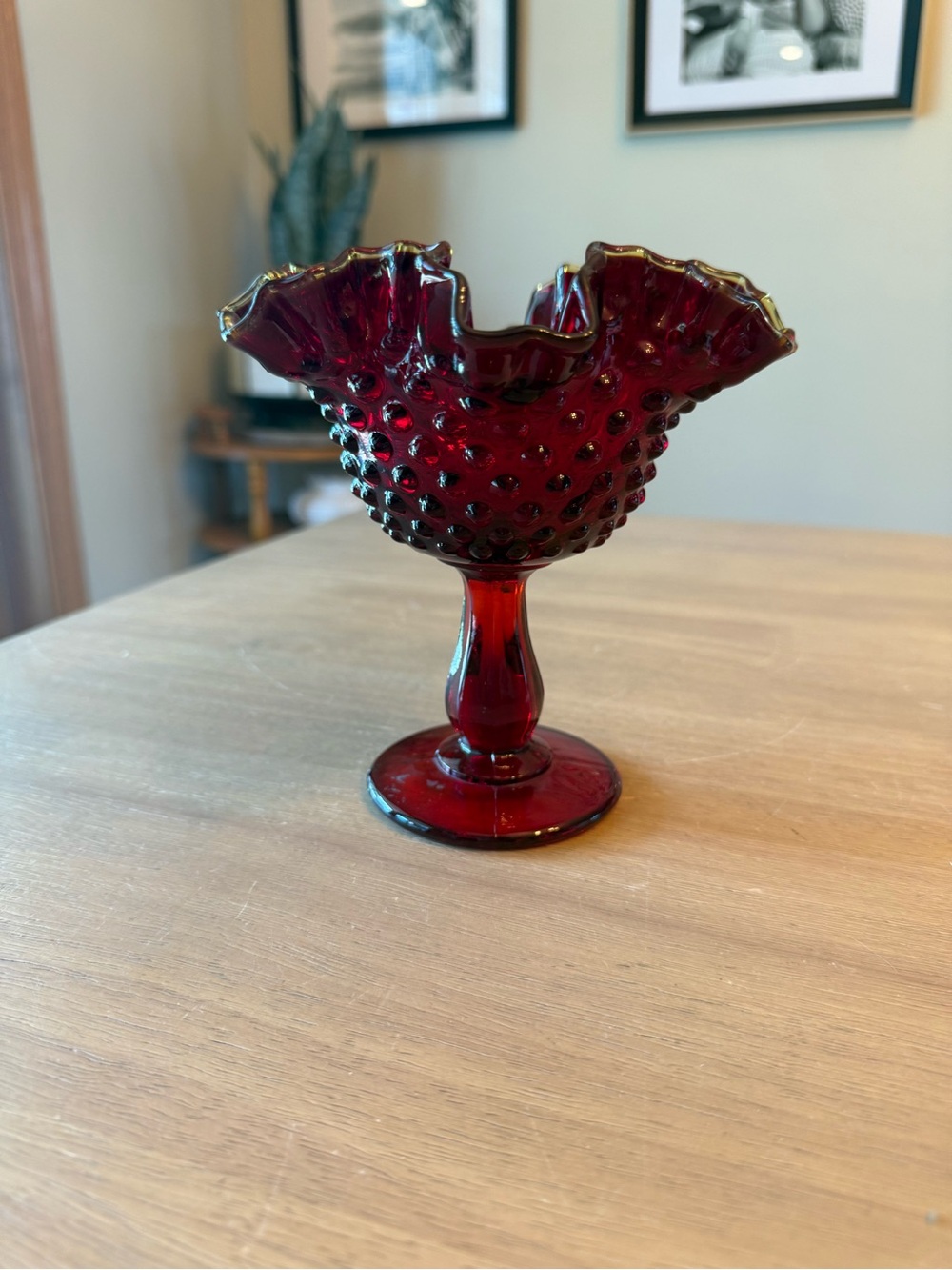 Vintage Fenton Ruby Red Glass Hobnail Pedestal Ruffled Edge dish